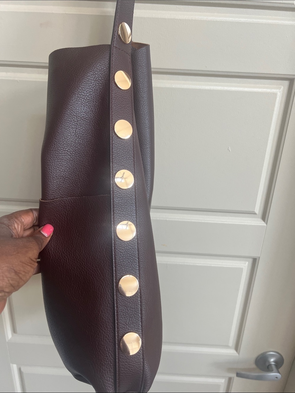 Anthropologie NEW Studded Vegan-Leather North-South Tote Bag brown chic boho - Picture 7 of 11